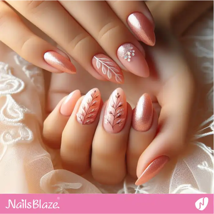 Almond Peach Fuzz Leaf Nails for Wedding | Nature-inspired Nails - NB1676